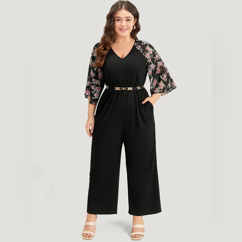 Bloom Chic Black Floral Sleeve Cropped Wide Leg Jumpsuit NWT 14 / 16
